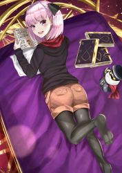 Rule 34 | 1girl, alternate costume, ass, bed, blush, book, bow, fate/grand order, fate (series), hair bow, helena blavatsky (fate), hood, hoodie, looking at viewer, looking back, lying, on stomach, open mouth, purple eyes, purple hair, shiroki, short hair, short shorts, shorts, smile, solo, thighhighs