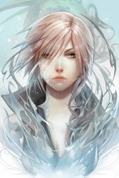 Rule 34 | 1girl, artist name, asymmetrical hair, blue eyes, breasts, cleavage, commentary, crystal, english commentary, expressionless, final fantasy, final fantasy xiii, hair over one eye, highres, lightning farron, looking at viewer, medium hair, nikusenpai, open collar, pink hair, revision, solo, transformation, unzipped, upper body, white background, zipper