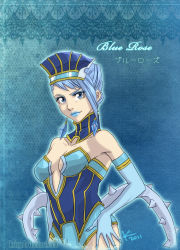 Rule 34 | 10s, 1girl, bare shoulders, blue eyes, blue hair, blue rose (tiger &amp; bunny), breasts, character name, cleavage, earrings, elbow gloves, female focus, fingernails, fingernails over gloves, gloves, gradient background, hat, jewelry, karina lyle, krizy (kuji), lipstick, makeup, matching hair/eyes, short hair, solo, superhero costume, tiger &amp; bunny