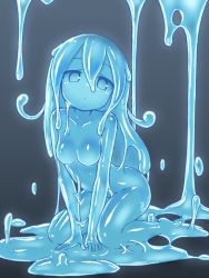 Rule 34 | blue eyes, blue hair, breasts, curss, monster girl, no nipples, nude, puddle, slime girl, small breasts