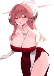 Rule 34 | 1girl, :o, absurdres, aru (blue archive), aru (dress) (blue archive), blue archive, blush, breasts, cleavage, collarbone, demon horns, dress, earrings, glint, gloves, halo, highres, horns, jewelry, large breasts, long hair, mindoll, pink hair, red dress, red eyes, sideways glance, simple background, solo, strapless, strapless dress, very long hair, white background, white gloves