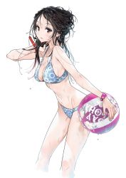 Rule 34 | 1girl, ball, beachball, bikini, black hair, blue bikini, blush, braid, breasts, brown eyes, character request, cleavage, collarbone, commentary request, copyright request, dripping, green nails, highres, holding, holding ball, holding own hair, knees, long hair, looking at viewer, medium breasts, messy hair, miyajima reiji, nail, nail polish, navel, neck, patterned, patterned clothing, sideboob, swimsuit, wet, wristband