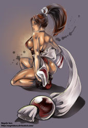Rule 34 | 1girl, angela lara, ass, back, boots, breasts, brown eyes, brown hair, collarbone, covered erect nipples, fatal fury, hand fan, highres, knees, large breasts, legs, looking back, ninja, nipples, ponytail, shiny skin, shiranui mai, smile, snk, solo, the king of fighters
