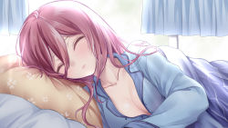 Rule 34 | 1girl, bed sheet, blanket, blush, breasts, cleavage, closed eyes, closed mouth, collarbone, curtains, day, facing viewer, frown, go-toubun no hanayome, gou lianlian dogface, hair between eyes, highres, indoors, long hair, long sleeves, lying, medium breasts, nakano miku, on bed, on side, pajamas, partially unbuttoned, pillow, purple hair, solo, under covers, upper body