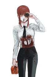 Rule 34 | 1girl, black necktie, black pants, blood, blood on clothes, blood on face, chainsaw man, collared shirt, doughnut, food, highres, hole on body, kamo (kamonegioisi), looking at viewer, looking through doughnut, makima (chainsaw man), medium hair, necktie, nosebleed, pants, red hair, ringed eyes, shirt, shirt tucked in, sidelocks, simple background, solo, white background, white shirt, yellow eyes