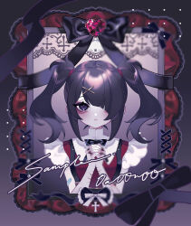 Rule 34 | 0a00n00, 1girl, aegyo sal, ame-chan (needy girl overdose), black hair, black nails, black ribbon, cuts, hair ornament, hair over one eye, hands up, highres, injury, interlocked fingers, long hair, looking at viewer, neck ribbon, needy girl overdose, open mouth, own hands together, picture frame, purple eyes, red shirt, ribbon, sample watermark, self-harm, self-harm scar, shirt, solo, suspenders, twintails, twitter username, upper body, watermark, wrist cutting, x hair ornament