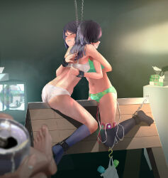 Rule 34 | 1boy, 2girls, absurdres, ankle cuffs, black hair, black thighhighs, blindfold, blue eyes, blurry, bound, bound together, bra, chain, clenched teeth, commentary request, cuffs, depth of field, forced hug, green bra, green panties, grey socks, handcuffs, highres, hug, kneehighs, long hair, medium hair, multiple girls, navel, no shoes, one eye closed, original, panties, po-i-mu, pov, pussy juice, restrained, sex toy, short hair, socks, stomach, sweat, teeth, thighhighs, torture, underwear, underwear only, variant set, vibrator, vibrator in thighhighs, white bra, white panties, wooden horse