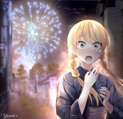 Rule 34 | 1girl, blonde hair, braid, fangs, festival, fireworks, green eyes, hand on own chest, highres, hoshizaki rika (kanojo mo kanojo), kanojo mo kanojo, open mouth, tears, twin braids