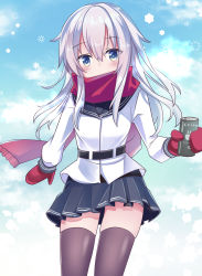 Rule 34 | 1girl, absurdres, belt, black thighhighs, blue eyes, can, cowboy shot, fathom, hair between eyes, hibiki (kancolle), highres, holding, holding can, kantai collection, long hair, long sleeves, looking at viewer, mittens, pleated skirt, red mittens, red scarf, scarf, school uniform, serafuku, silver hair, skirt, solo, thighhighs, verniy (kancolle)