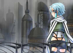Rule 34 | 10s, 1girl, aqua eyes, aqua hair, ass, blue eyes, blue hair, building, butt crack, city, cityscape, expressionless, female focus, fingerless gloves, from behind, gloves, looking at viewer, looking back, scarf, scenery, short hair, short shorts, shorts, sinon, sword art online, taiyaki a