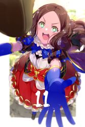 Rule 34 | 1girl, black bow, blue gloves, blue pantyhose, blush, bow, breasts, brown dress, brown hair, dress, echo (circa), elbow gloves, fate/grand order, fate (series), forehead, gloves, green eyes, hair bow, leonardo da vinci (fate), leonardo da vinci (fate/grand order), leonardo da vinci (rider) (fate), long hair, outstretched arms, pantyhose, parted bangs, ponytail, puff and slash sleeves, puffy short sleeves, puffy sleeves, red skirt, short sleeves, skirt, small breasts, sparkle, sparkling eyes, thighs