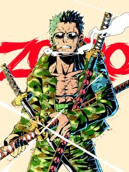 Rule 34 | 1boy, bandaid, bandaid on face, cigarette, commentary, cowboy shot, earrings, english commentary, green hair, haramaki, highres, holding, holding sword, holding weapon, jacket, jewelry, male focus, one piece, open clothes, open jacket, roronoa zoro, scar, scar across eye, scar on chest, short hair, simple background, smoke, solo, sunglasses, sword, that one panda, weapon