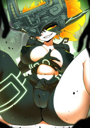 Rule 34 | 1girl, absurdres, ashraely, breasts, cleft of venus, colored sclera, colored skin, glowing, glowing hair, glowing markings, helmet, highres, long ears, midna, multicolored skin, neon trim, nintendo, nipples, pointy ears, pussy, red eyes, the legend of zelda, third-party edit, two-tone skin, uncensored, yellow sclera