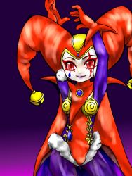 Rule 34 | 1girl, bodysuit, breasts, chrono cross, commentary request, facepaint, gloves, harem pants, harlequin, hat, jester cap, leotard, looking at viewer, pants, pom pom (clothes), red eyes, red gloves, red leotard, smile, solo, tassel, harle (chrono cross)