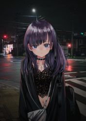 Rule 34 | 1girl, absurdres, asymmetrical bangs, backpack, bad id, bad twitter id, bag, belt collar, black choker, blue eyes, choker, closed mouth, collar, cross, cross necklace, diagonal bangs, gishiki (gshk), highres, jacket, jewelry, lamppost, long hair, long sleeves, looking at viewer, midriff peek, navel, necklace, night, night sky, open clothes, open jacket, original, outdoors, photo background, power lines, purple hair, shoulder bag, sky, solo, standing, stomach, tagme, upper body