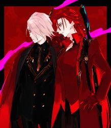 Rule 34 | 1boy, 1girl, aqua eyes, black border, black jacket, black pants, black shirt, black suit, border, braid, brown necktie, buttons, closed mouth, coat, coat on shoulders, collared shirt, cowboy shot, ddlcclia, double-breasted, expressionless, fate/grand order, fate (series), formal, gloves, hair ornament, hair over one eye, hair stick, hand on own hip, hand on own chin, highres, jacket, karna (fate), karna (formal dress) (fate), long hair, looking at viewer, looking to the side, necktie, oda nobunaga (fate), oda nobunaga (maou avenger) (fate), open collar, pants, parted lips, pink hair, pink ribbon, red background, red coat, red eyes, red gloves, red hair, red shirt, ribbon, shirt, short hair, side braid, suit, weapon, weapon on back