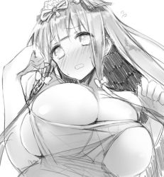 Rule 34 | 1girl, blush, bow, breasts, bursting breasts, character request, copyright request, embarrassed, from below, greyscale, hair bow, hair ornament, hair ribbon, huge breasts, inayama, large breasts, long hair, looking at viewer, monochrome, original, ribbon, sketch, skindentation, solo, underboob, undersized clothes