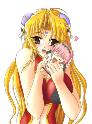 Rule 34 | 00s, 2girls, blonde hair, blush, blush stickers, breasts, broccoli (company), brown eyes, character doll, cleavage cutout, closed eyes, clothing cutout, doll, dress, facial mark, forehead mark, galaxy angel, happy, heart, highres, impossible clothes, impossible dress, large breasts, long hair, looking at viewer, milfeulle sakuraba, multiple girls, navel cutout, ranpha franboise, smile, solo, very long hair