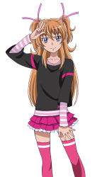 Rule 34 | 1girl, black shirt, blue eyes, brown hair, closed mouth, frilled skirt, frills, hair between eyes, hair ribbon, houjou hibiki, layered skirt, long hair, looking at viewer, miniskirt, official style, pink ribbon, pink skirt, pink thighhighs, pleated skirt, precure, ribbon, shirt, simple background, skirt, smile, solo, standing, suite precure, tawashi (tawashisan), thighhighs, twintails, very long hair, white background, zettai ryouiki