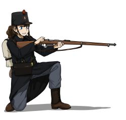 Rule 34 | 1girl, anyan (jooho), backpack, bag, belt, belt pouch, black belt, black coat, black hat, blue eyes, boots, brown footwear, brown hair, clenched teeth, coat, frown, full body, grey pants, gun, hat, highres, holding, holding weapon, korean commentary, long hair, long sleeves, military, military uniform, mixed-language commentary, mole, mole under eye, on one knee, original, pants, ponytail, pouch, rifle, satchel, sidelocks, simple background, solo, teeth, uniform, weapon, white background, world war i