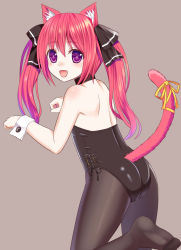 Rule 34 | 1girl, :d, absurdres, animal ears, ass, bare shoulders, black pantyhose, blush, cat ears, cat tail, fang, flat chest, from side, grey background, highres, ikeda yuuki, kittysuit, leg up, leotard, looking at viewer, no shoes, nontraditional playboy bunny, open mouth, original, pantyhose, paw pose, pink hair, playboy bunny, purple eyes, ribbon, smile, solo, tail, tail ornament, tail ribbon, twintails, wrist cuffs