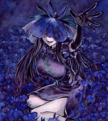 Rule 34 | 1girl, arm up, black gloves, black hair, blush, breasts, china dress, chinese clothes, commentary request, dress, elbow gloves, field, flower, flower field, flower on head, gloves, grape print, highres, kabaji, large breasts, long hair, looking at viewer, open mouth, purple dress, reaching, shikishi, solo, touhou, traditional media, yomotsu hisami