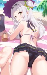 Rule 34 | 1girl, absurdres, ass, beach, hat, hayana neru, highres, hololive, looking at viewer, murasaki shion, murasaki shion (hololive summer 2019), open mouth, panties, purple hat, solo, underwear, virtual youtuber, yellow eyes