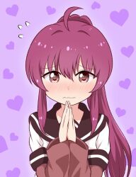 Rule 34 | 1girl, ahoge, black sailor collar, blush, brown eyes, closed mouth, commentary request, flying sweatdrops, hair between eyes, hands up, heart, heart background, jacket, layered sleeves, long hair, long sleeves, looking at viewer, nanamori school uniform, own hands together, palms together, ponytail, purple background, purple hair, sailor collar, school uniform, short over long sleeves, short sleeves, sidelocks, solo, sugiura ayano, upper body, wavy mouth, white jacket, yuru yuri, yuu kurema