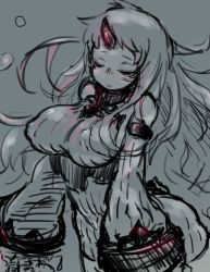 Rule 34 | 10s, 1girl, abyssal ship, breasts, detached sleeves, dress, closed eyes, female focus, highres, horns, kantai collection, large breasts, long hair, monochrome, ribbed dress, seaport princess, short dress, simple background, single horn, sketch, solo, underwater, yeti (mu kaiten)