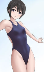 Rule 34 | 1girl, black eyes, black hair, black one-piece swimsuit, blue sky, breasts, cloud, commentary request, competition swimsuit, cowboy shot, day, gradient background, hashi, highleg, highleg swimsuit, one-piece swimsuit, original, outdoors, paid reward available, short hair, sky, small breasts, smile, solo, standing, swimsuit, white background