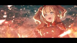 1girl, absurdres, akai haato, bangs, black capelet, blonde hair, bow, capelet, cloud, cloudy sky, embers, eyebrows visible through hair, fire, green eyes, hair ornament, hairclip, highres, hololive, jjjjjjj, looking down, open mouth, red bow, sky, solo, two side up, virtual youtuber