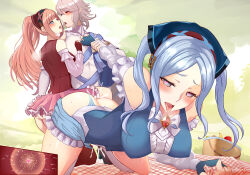Rule 34 | 1boy, 2girls, alternate costume, ass grab, blue hair, clothed sex, corrin (fire emblem), corrin (male) (fire emblem), cum, ejaculation, felicia (fire emblem), fertilization, fire emblem, fire emblem fates, fire emblem heroes, flora (fire emblem), grabbing another&#039;s ass, group sex, heart, heart-shaped pupils, highres, impregnation, multiple girls, nintendo, official alternate costume, ovum, picnic, picnic basket, pink hair, sex, sex from behind, shimaidon, shiro font, siblings, sisters, symbol-shaped pupils, tongue, tongue out, vaginal