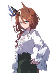 Rule 34 | 1girl, absurdres, animal ears, aqua eyes, brown hair, center frills, ear covers, frilled shirt, frills, from side, green skirt, highres, horse ears, horse girl, horse tail, long hair, long sleeves, looking at viewer, making-of available, multicolored hair, shirt, simple background, single ear cover, skirt, solo, sounds of earth (umamusume), streaked hair, tail, umamusume, watou, white background, white hair, white shirt