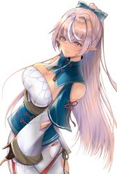 Rule 34 | 1girl, black gloves, blonde hair, breasts, cleavage, dark-skinned female, dark skin, detached collar, elf, from above, gloves, highres, hololive, long hair, long pointy ears, looking at viewer, looking up, medium breasts, open hand, pointy ears, ponytail, red eyes, shiimo (ia0vx), shiranui flare, shiranui flare (old design), skindentation, smile, solo, virtual youtuber