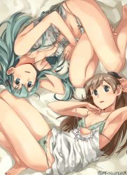 Rule 34 | 2girls, aqua hair, arm up, armpits, bad id, bad pixiv id, blue eyes, bra, breasts, brown hair, cleavage, flat chest, green bra, green panties, hair ornament, hairclip, kantai collection, kumano (kancolle), long hair, looking at viewer, lying, makio (makiomeigenbot), medium breasts, multiple girls, on side, panties, parted lips, ponytail, rotational symmetry, strap gap, strap slip, suzuya (kancolle), underwear, underwear only