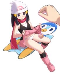 Rule 34 | 1girl, 1other, bare arms, beanie, black hair, black shirt, black socks, boots, clothes lift, commentary request, creatures (company), dawn (pokemon), eyelashes, game freak, gen 4 pokemon, grey eyes, hair ornament, hairclip, hat, highres, holding, holding string, hypnosis, kneehighs, kutabireta neko, lifted by self, long hair, mind control, nintendo, panties, pendulum, pink footwear, pink scarf, pink skirt, piplup, poke ball print, pokemon, pokemon dppt, scarf, shirt, sidelocks, sitting, skirt, skirt lift, sleeveless, sleeveless shirt, socks, string, underwear, white headwear, white panties
