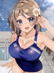 Rule 34 | arim 2116m, blue eyes, blush, breasts, brown hair, cleavage, competition swimsuit, highres, large breasts, looking at viewer, love live!, love live! sunshine!!, one-piece swimsuit, original, pool, school swimsuit, short hair, swimsuit, watanabe you, water, wet