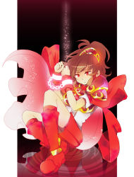 Rule 34 | 1girl, armor, armored dress, black background, boots, brown hair, cape, cuffs, doppelganger arle, full body, handcuffs, hitopm, madou monogatari, puyopuyo, red armor, red eyes, reflection, short hair, skirt, solo, wrist cuffs