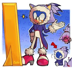 ! 1boy 1girl arrow_(symbol) blaze_the_cat blaze_the_cat_(cosplay) blush cosplay embarrassed facepalm fur_trim furry furry_female furry_male grin hand_on_own_hip high_heels highres hood hood_up jewelry looking_back male_focus mirror necklace smile sonic_(series) sonic_the_hedgehog spidercheetos