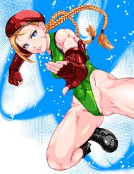 Rule 34 | 1girl, abs, absurdres, ahoge, black footwear, blonde hair, blue eyes, braid, cammy white, capcom, chest harness, clenched hand, commentary request, fingerless gloves, gloves, green leotard, harness, highleg, highleg leotard, highres, huge ahoge, leotard, long hair, muscular, muscular female, pleasure-treasure, red gloves, solo, street fighter, street fighter ii (series), turtleneck, twin braids