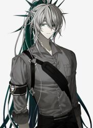 Rule 34 | 1boy, ainchase ishmael, alternate costume, armband, arms at sides, black armband, black bag, black pants, breast pocket, casual, collared shirt, colored inner hair, cowboy shot, elsword, expressionless, fanny pack, frown, green hair, grey hair, grey shirt, hair between eyes, herrscher (elsword), highres, long hair, long sleeves, looking at viewer, male focus, multicolored hair, pale skin, pants, pocket, ponytail, ringed eyes, seungheon, shirt, simple background, solo, very long hair, white background, wing collar