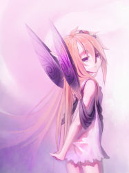Rule 34 | 1girl, arms behind back, ayakashi onmyouroku, bare shoulders, dress, ecens, expressionless, fairy, fairy wings, flower, hair flower, hair ornament, long hair, looking back, open mouth, orange hair, own hands together, purple eyes, purple theme, purple wings, simple background, solo, strap, titania (ayakashi onmyouroku), white dress, wings