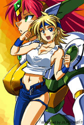 Rule 34 | 2girls, :o, armor, asymmetrical clothes, banpresto, bare shoulders, belt, blonde hair, blue eyes, blush, breasts, cleavage, clenched hands, covered erect nipples, crop top, cutoffs, denim, gem, gradient background, green eyes, headband, helmet, impossible clothes, jeans, jilpoong17, large breasts, long hair, looking at viewer, looking away, lune zoldark, mecha musume, midriff, multiple girls, navel, no bra, open belt, open fly, open mouth, pants, profile, red hair, short hair, sideboob, single pantsleg, smile, standing, super robot wars, super robot wars the lord of elemental, tank top, thighs, torn clothes, torn jeans, torn pants, unbuckled, unbuttoned, upper body, valsione, winged helmet, wristband