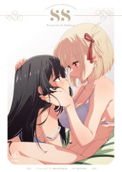 Rule 34 | 2girls, :t, arm up, bare arms, bare shoulders, black hair, black ribbon, blonde hair, bra, breasts, cleavage, closed mouth, collarbone, commentary request, cover, cover page, eye contact, face-to-face, fingernails, from side, gradient background, grey background, hair ribbon, hand on another&#039;s cheek, hand on another&#039;s face, hand on another&#039;s head, hand up, highres, inoue takina, light blush, long hair, looking at another, lycoris recoil, medium breasts, multiple girls, musihara, nishikigi chisato, one side up, pout, print bra, profile, purple eyes, red eyes, red ribbon, ribbon, short hair, smile, underwear, upper body, white background, white bra, yuri