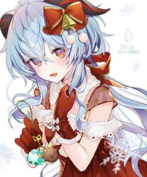 Rule 34 | 1girl, bell, blue eyes, blue hair, blush, christmas, christmas tree, commentary, dress, ganyu (genshin impact), genshin impact, gloves, hair between eyes, hair ornament, hair ribbon, highres, horns, long hair, looking at viewer, memeno, multicolored eyes, open mouth, red dress, red eyes, red ribbon, ribbon, santa gloves, simple background, smile, solo, twitter username, very long hair, white background