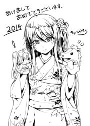 Rule 34 | 10s, 1girl, 2014, blush stickers, chobipero, flower, greyscale, hair flower, hair ornament, hand puppet, happy new year, horse, japanese clothes, kimono, long hair, looking at viewer, monochrome, new year, obi, original, puppet, sash, smile, solo, yukata