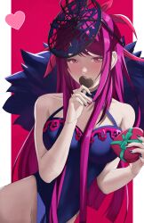 Rule 34 | 1girl, bare shoulders, blush, breasts, chocolate, cleavage, dress, fascinator, fire emblem, fire emblem engage, highres, ivy (fire emblem), jewelry, large breasts, long hair, looking at viewer, nintendo, pomelomelon, purple eyes, purple hair, side slit, sidelocks, solo