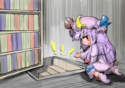 Rule 34 | 1girl, absurdres, book, bookshelf, crescent, dress, female focus, grin, hair ribbon, hat, highres, long hair, patchouli knowledge, purple hair, ribbon, shinapuu, smile, solo, stairs, touhou