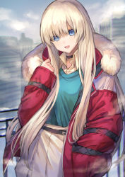 Rule 34 | 1girl, anastasia (fate), anastasia (shvibzik snow) (fate), bad id, bad pixiv id, belt, belt buckle, black belt, black choker, blonde hair, blue eyes, blue shirt, blue sky, breasts, buckle, choker, cityscape, cloud, coat, commentary request, coyucom, day, fate/grand order, fate (series), fur-trimmed coat, fur trim, hair between eyes, hand in pocket, head tilt, highres, long hair, long sleeves, looking at viewer, open clothes, open coat, open mouth, outdoors, pleated skirt, puffy long sleeves, puffy sleeves, railing, red coat, shirt, skirt, sky, sleeves past wrists, small breasts, snow, solo, very long hair, white skirt