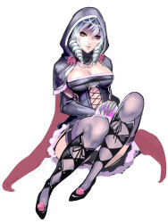 Rule 34 | 1girl, boots, breasts, capelet, claw (weapon), cleavage, clothing cutout, cross-laced clothes, cross-laced cutout, drill hair, elbow gloves, female focus, flower, full body, gloves, highres, hood, knee boots, kumiko shiba, large breasts, legs together, orb, purple eyes, purple thighhighs, red eyes, rose, short hair, side cutout, silver hair, simple background, sitting, solo, soul calibur, soulcalibur, soulcalibur v, thighhighs, twin drills, viola (soulcalibur), weapon
